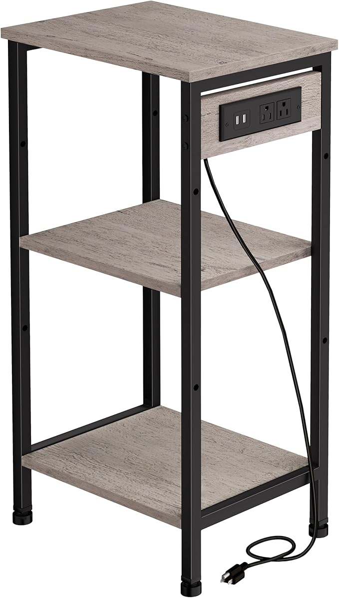 Tall End Table with Charging Station, 3 Tier Narrow Beside Table with Adjustable Shelf, Tall Side Table Nightstand for Bedroom, Living Room Coffe Table, Office, Greige