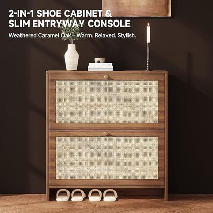 Nicetree Shoe Cabinet Storage for Entryway, 2-Flip Drawer Narrow Shoe Rack, Organic Modern Rattan Shoe Organizer with Gold Legs, Shoe Organizer Fits Men's Size 13.5, Toasted Caramel Walnut