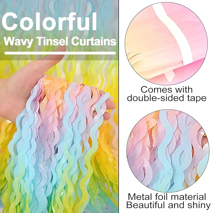 4 Pack Light Rainbow Fringe Curtain Backdrop 3.2Ft x 8.2Ft Metallic Tinsel Foil Fringe Streamers Background for Photo Booth Mother's Day, Easter, Carnival, Birthday, Wedding Party Decoration