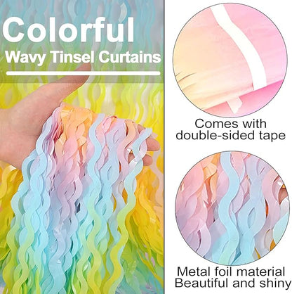 4 Pack Light Rainbow Fringe Curtain Backdrop 3.2Ft x 8.2Ft Metallic Tinsel Foil Fringe Streamers Background for Photo Booth Mother's Day, Easter, Carnival, Birthday, Wedding Party Decoration