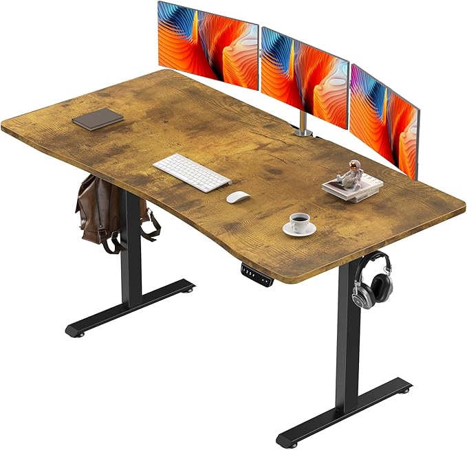 Veken 55 x 28 Inch Electric Standing Desk, Sit to Stand Up, Work Home Office Computer Table for Study, Walking Pad, Writing, and Games, Wooden Desktop Desks, Brown