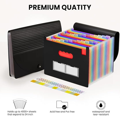 Sooez 24 Pockets Expanding File Folder with Blank Labels, According File Organizer with Expandable Cover, Desktop Accordion Folders Letter A4 Paper Document Storage Organizer, Blue