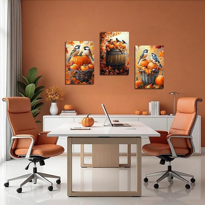 YMXDYMJSW Autumn Wall Art 3 Pieces Pumpkin with Sparrows Picture Prints Fall Harvest Birds Canvas Painting Thanksgiving Theme Artwork for Farmhouse Decor Frame (Yellow,11.00" x 14.00" x 3PCS)