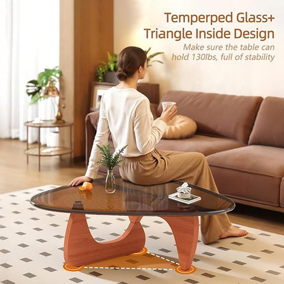 Coffee Table for Living Room Mid Century Modern Center Small Table with Glass Top and Wood, Walnut Brown(32 Inch)
