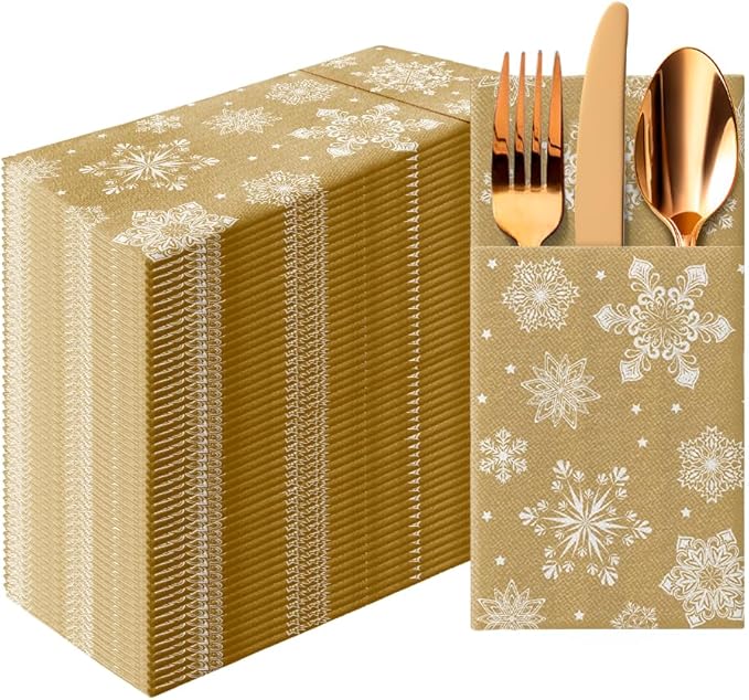 PAW - Christmas Linen Feel Napkins with Built-in Flatware Pocket, Gold Absorbent Pre-Folded Dinner Napkins with Snowlakes, Guest Towels for Xmas Dinner, Winter Holiday, Decorative Towel, 50 Count