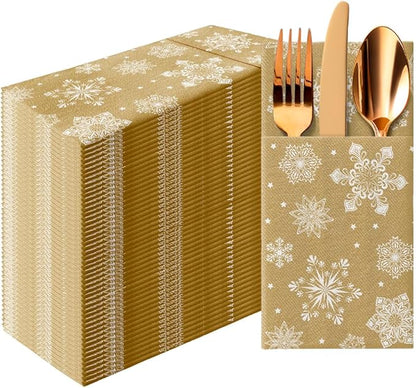 PAW - Christmas Linen Feel Napkins with Built-in Flatware Pocket, Gold Absorbent Pre-Folded Dinner Napkins with Snowlakes, Guest Towels for Xmas Dinner, Winter Holiday, Decorative Towel, 50 Count