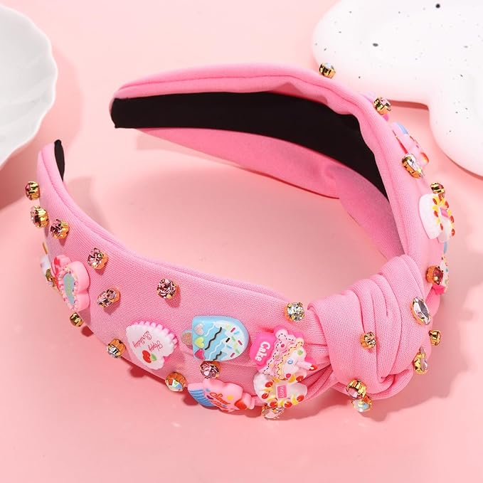 Knotted Headband for Women Lollipop Birthday Cake Crystal Jeweled Embellished Top Knot Hairband Statement Wide Turban Hair Hoop Funny Gifts for Girls Sister Birthday Xmas Holiday Party