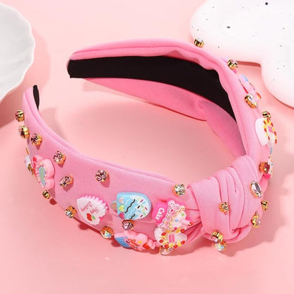 Knotted Headband for Women Lollipop Birthday Cake Crystal Jeweled Embellished Top Knot Hairband Statement Wide Turban Hair Hoop Funny Gifts for Girls Sister Birthday Xmas Holiday Party