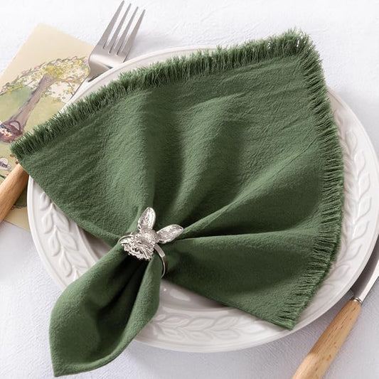 12 Pack Olive Green Cotton Linen Napkins with Fringe Green Cloth Napkins Set of 12 Boho Handmade Dinner Table Napkins for Wedding Bridal Baby Shower Tea Party, 17 x 17 Inches