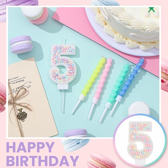 MTLEE Number 5 Birthday Candle with 12 Pcs Spiral Candles for Girls Macaron Pastel Rainbow Unicorn Pink Cake Topper for Sweet Theme Party Decoration