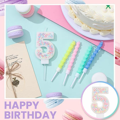 MTLEE Number 5 Birthday Candle with 12 Pcs Spiral Candles for Girls Macaron Pastel Rainbow Unicorn Pink Cake Topper for Sweet Theme Party Decoration