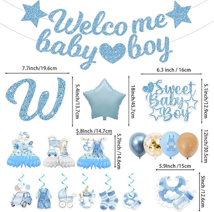 175PCS Blue boy Baby Shower Decorations Birthday Decorations Disposable Plates Napkins Set, Banner, Hanging Swirls, Tablecloth, Cake Topper, Balloon, Honeycomb Centerpieces Table Decorations