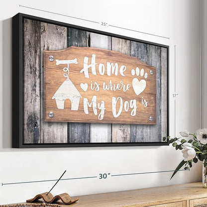 Elephant Stock Home Is Where My Dog Is Wall Art - Horizontal Floating Framed Canvas - 1-Piece Living Room Wall Decor - Pet Digital Art Canvas Print - Gray and Beige Decor for Wall - 25" X 17"