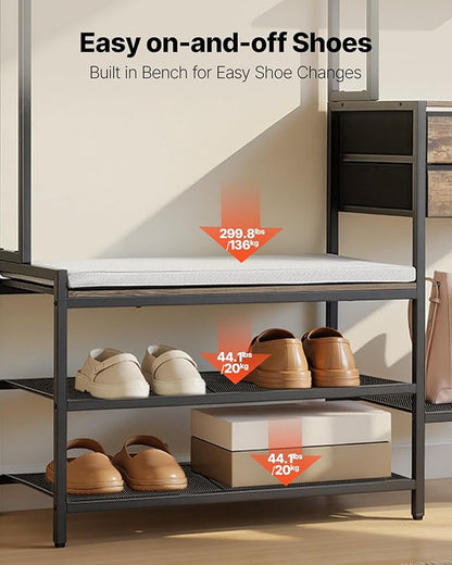 VEVOR Hall Tree with Bench and Shoe Storage, Entryway Bench with Coat Rack, 2 Drawers, 3 Storage Cubbies, 3 Open Shelves, Coat Hooks with Soft Cushion for Entryway, Hallway