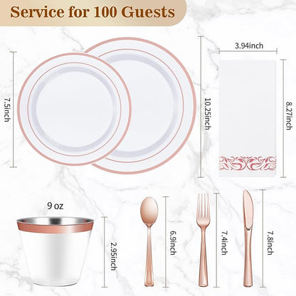 BESTVIP 700PCS Rose Gold Disposable Dinnerware Set for 100 Guests, Plastic Plates for Party, Wedding, Christmas, Halloween, Include: 200 Plastic Plates, 100 Gold Silverware, 100 Cups, 100 Napkins