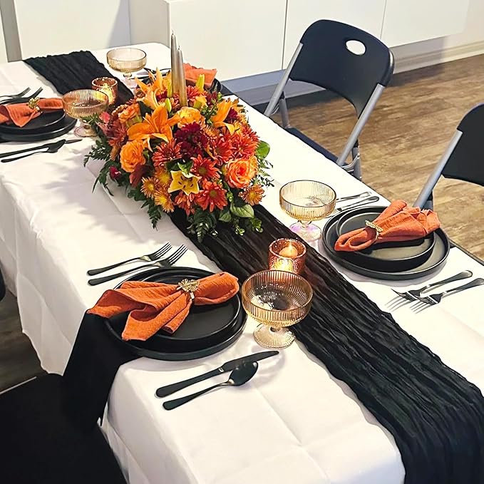 10 Pack Black Table Runner Cheesecloth Sheer Gauze Cheese Cloth Runner 10FT Long Goth Black Table Runner for Wedding Party Baby Shower Birthday Home Decor Holiday Decorations