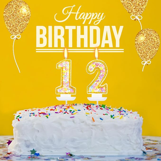 12th Birthday Candle for Cake, Colorful Macaron Numeral Candles for Boys/Girls, Birthday Party Cake Decorations, Golden Cake Topper for Birthday Party Supplies (Number 12)