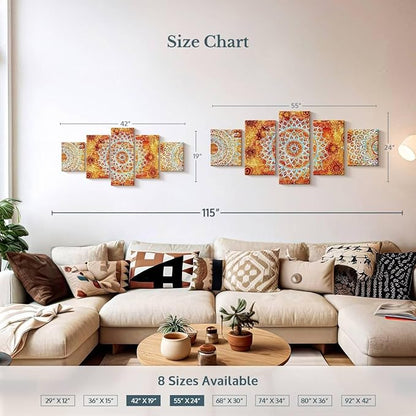 ElephantStock - Sun Like Mandala Symbols Wall Art - Horizontal Multi Panel Canvas - 5 Piece Living Room Wall Decor - Digital Art Elements Multi Piece Wall Art - Orange And Blue Decor - 55" x 24"