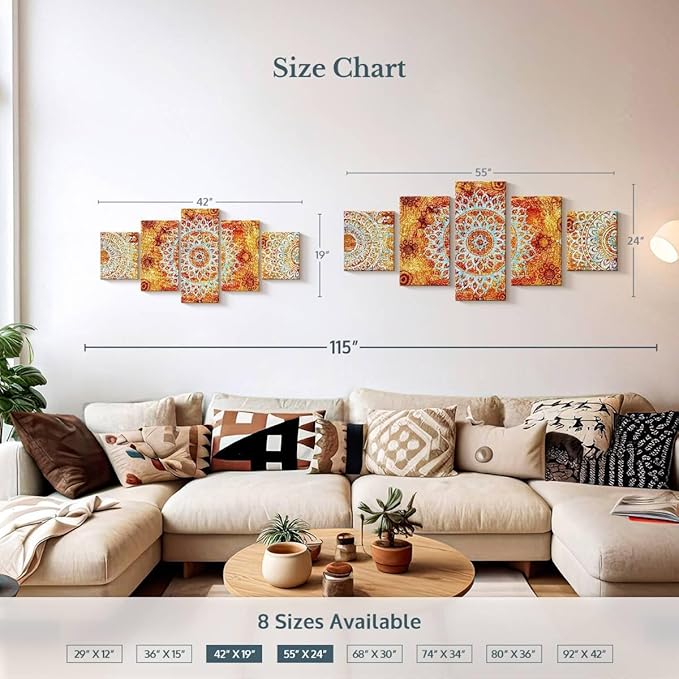 ElephantStock - Sun Like Mandala Symbols Wall Art - Horizontal Multi Panel Canvas - 5 Piece Living Room Wall Decor - Digital Art Elements Multi Piece Wall Art - Orange And Blue Decor - 42" x 19"