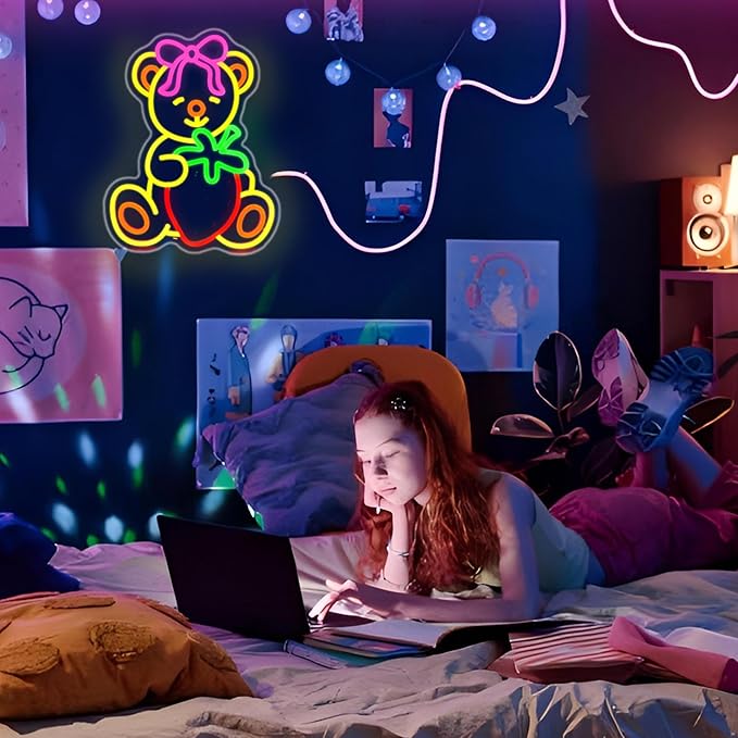 Strawberry Bear Neon Sign Girl Room Decor Led Neon Lights Signs for Wall Decor USB Powered Led for Room Decoration