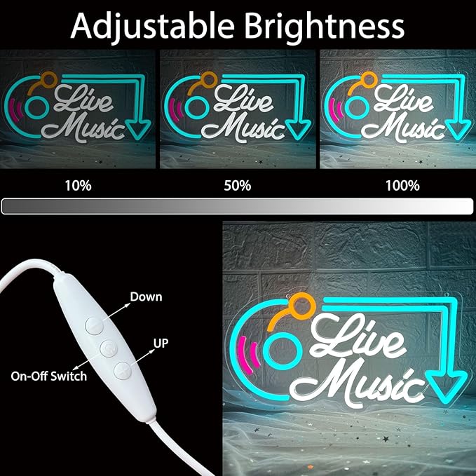 Live Music Neon Sign, Music LED Neon Lights for Wall Decor, Dimmable Live Neon Light Sign, Neon Live Sign Light up Sign for Bar Studio Bedroom Party Present Club Handcrafted Nightclub Parties