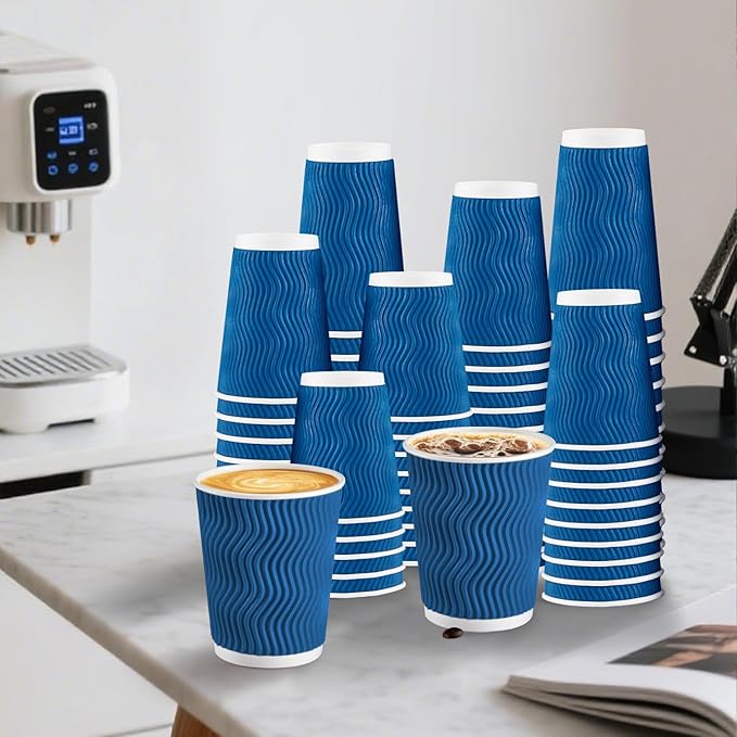 Lamosi 16 oz Coffee Cups - 90 Pack, Disposable Insulated Corrugated Paper Cups 16oz, Kraft Ripple Wall Cups for Hot Beverage or Cold Drinks (Navy)