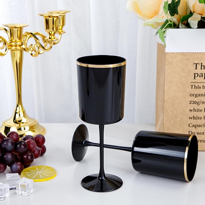 Ciaell 12 Pack 10 OZ Black Plastic Wine Glasses with Stem - Black and Gold Disposable Wine Glasses Perfect for Parties & Weddings & Toasting & Outdoors & Camping & New Year