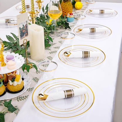 DaYammi 210PCS Clear Gold Plastic Dinnerware Set Christmas Plates Disposable Fancy Platos for Party Include: 30 Dinner Plates, 30 Dessert Plates, 30 Pre Rolled Napkins with Gold Silverware, 30 Cups