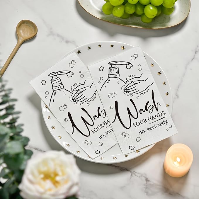 Horaldaily 50 Disposable Paper Napkin Decorative Guest Napkins, White Wash Your Hands White Bathroom Guest Napkins Hand Towel for Powder Room