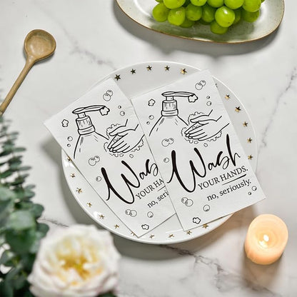 Horaldaily 50 Disposable Paper Napkin Decorative Guest Napkins, White Wash Your Hands White Bathroom Guest Napkins Hand Towel for Powder Room