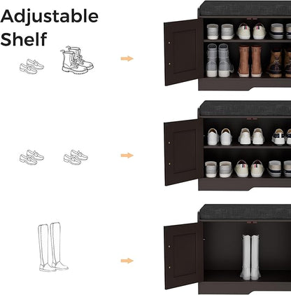 2-Tier Storage Bench, Shoe Bench with Thickened Padded Seat Cushion, Entryway Bench with 4 Doors, Adjustable Shelf, 13.8" D x 45.3" W x 18.5" H, for Entryway, Living Room, Bedroom, Brown