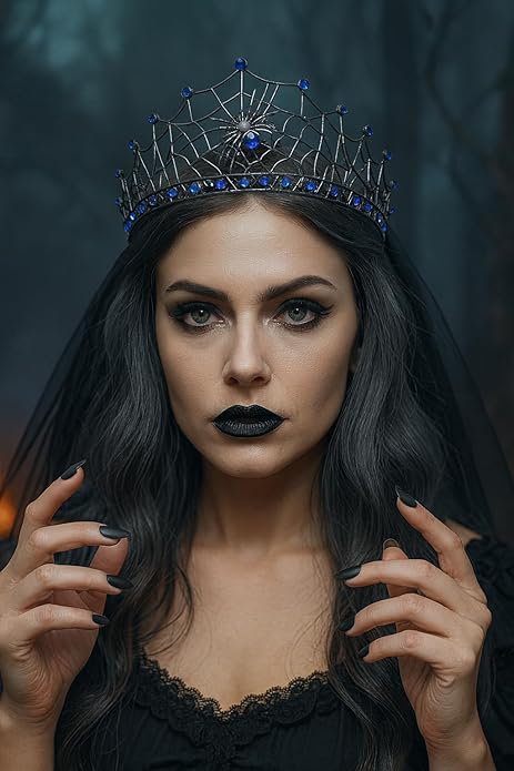 Gothic Black Spider Web Crown for Women Dark Queen Crystal Tiara Metal Headpiece Vampire Cosplay Masquerade Party Prom Night Witch Sorceress Costume Accessory