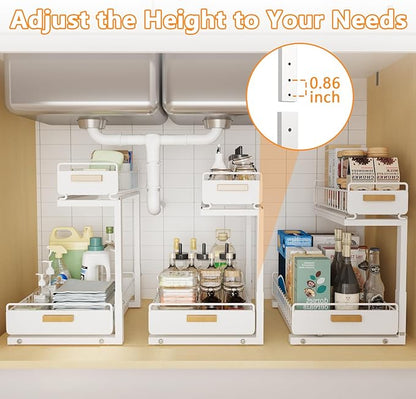 2 Pack Under Sink Organizer with Ball Bearing Sliding Drawer, Heavy Duty Pull Out Cabinet Organizer, 2 Tier Adjustable Storage Rack for Kitchen Bathroom, Space Saving Design, White