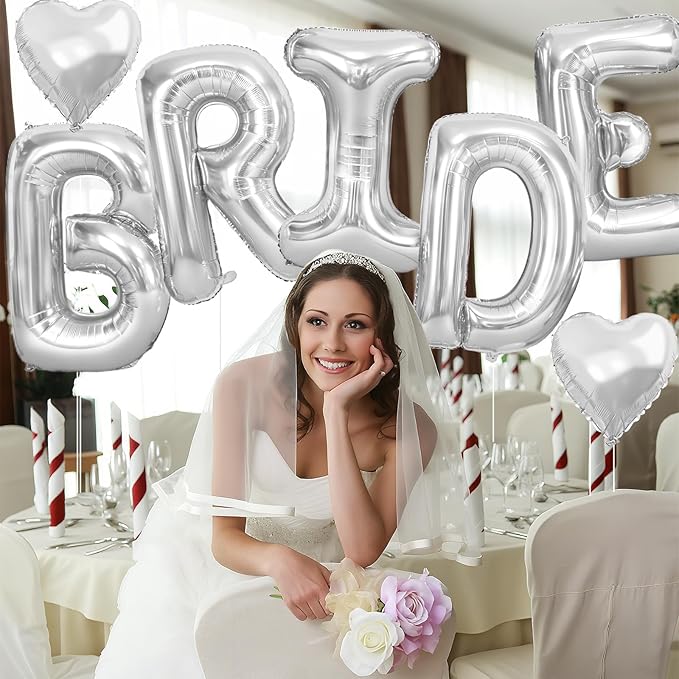 40inch Silver BRIDE Letter Balloons, Giant Silver Bride Foil Helium Balloon Banner with Heart Balloon for Bride to Be Wedding Engagement Bridal Shower Bachelorette Party Decoration