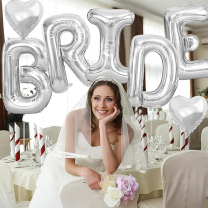 40inch Silver BRIDE Letter Balloons, Giant Silver Bride Foil Helium Balloon Banner with Heart Balloon for Bride to Be Wedding Engagement Bridal Shower Bachelorette Party Decoration