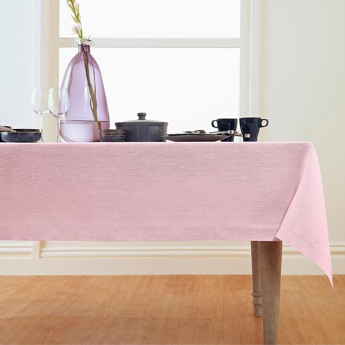 Solino Home Linen Tablecloth 60 x 132 Inch - 100% Pure Linen Bubblegum Pink Table Cloth for Rectangle Tables - Athena, Machine Washable Tablecloth