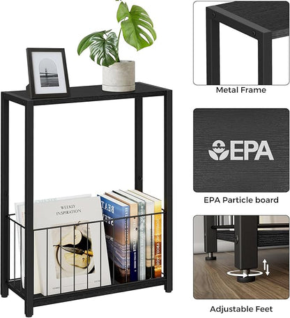 Narrow Side Tables Set of 2 with Magazine Holder, Skinny End Tables Perfect for Small Spaces, Space-Saving Design for Living Room, Bedroom, or Office, 7.1" D x 16.9" W x 23.6" H, Black
