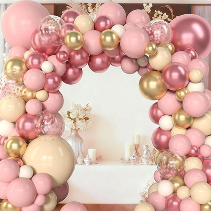 Amandir 153Pcs Boho Blush Balloon Garland Arch Kit, Double-Stuffed Nude Cream Peach Dusty Rose Pink Gold Confetti Metallic Balloon for Baby Shower Birthday Party Wedding Decorations