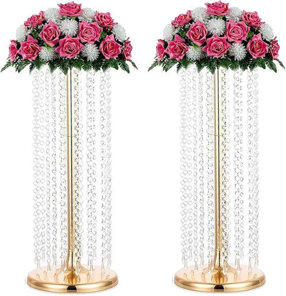 2Pcs 27.5inch Tall Crystal Gold Vases Wedding Flowers Stand, Elegant Wedding Decor Centerpiece Road Leads with Chandelier Acrylic Crystal Weddings Decoration Centerpiece Stands