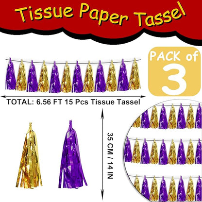 3P Purple Gold Tassel Banner Garland Foil Fringe Tinsel Streamer Banner Backdrop for Parade Floats, Wall Hanging Curtain Parade Floats, Graduation Decorations, Wedding Party Decoration