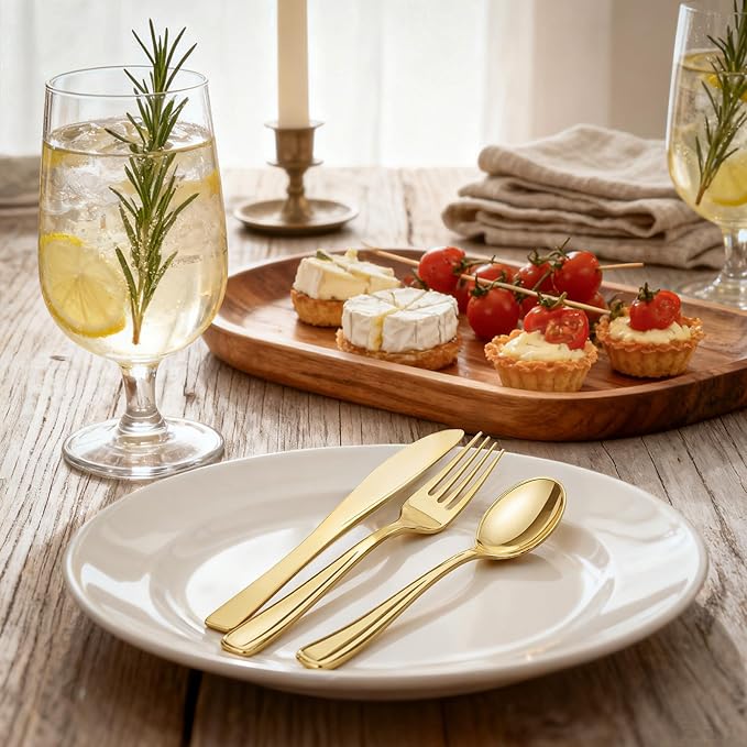 WDF 120 Pieces Gold Plastic Silverware - Disposable Flatware Set - Heavy Duty Thanksgiving Plastic Cutlery - Silverware Includes 40 Forks, 40 Spoons, 40 Knives