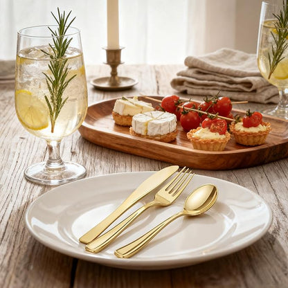 WDF 120 Pieces Gold Plastic Silverware - Disposable Flatware Set - Heavy Duty Thanksgiving Plastic Cutlery - Silverware Includes 40 Forks, 40 Spoons, 40 Knives