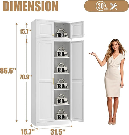 Kitchen Pantry Storage Cabinets, 86" Tall Metal Storage Cabinet with Doors and 4 Shelves, Food Pantry Cabinet, White Kitchen Cupboard, Large Steel Cabinets for Dining, Office, Living Room