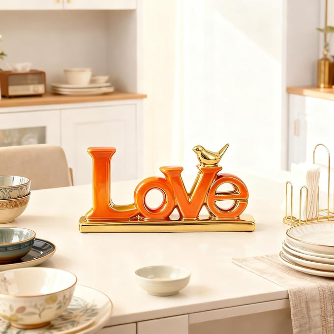 Love Sign Decoration,White and Gold Love Signs for Home Decor Statue,Modern Bird Sculpture Personalized Love Decor,Gold Style Figurine Decorative Ornaments for Living Room,Bedroom,Desktop (Orange)