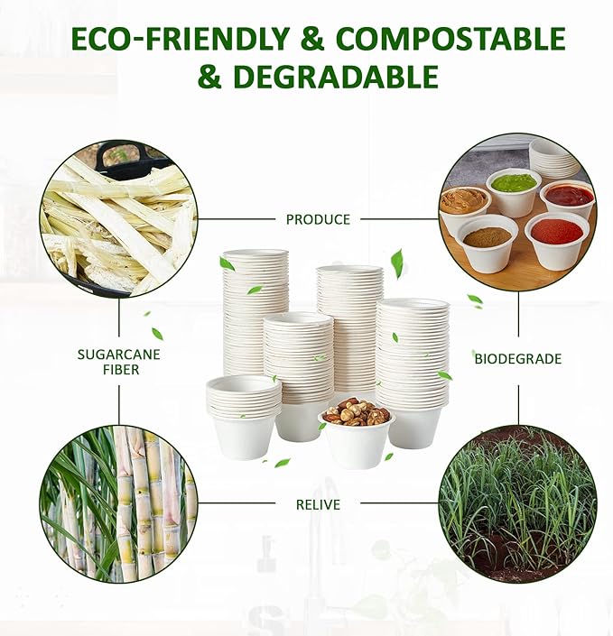 Vplus 300 Pack 4 OZ Disposable Souffle Cups, 100% Compostable Portion Cups, Made From Bagasse Fibe, Perfect For Dips, Food Sample, Jams, Honey, Sauces, Nuts