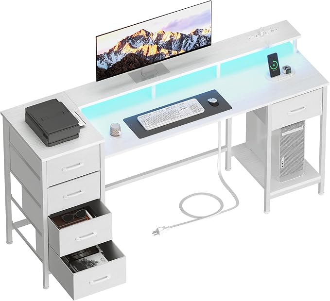 55 Inch Gaming Desk with Power Outlets and LED Lights, Reversible Computer Desk with 5 Fabric Storage Drawers, Home Office Desk with Monitor Stand for Working Writing Study, White