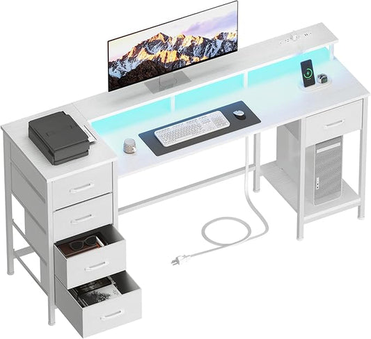 55 Inch Gaming Desk with Power Outlets and LED Lights, Reversible Computer Desk with 5 Fabric Storage Drawers, Home Office Desk with Monitor Stand for Working Writing Study, White