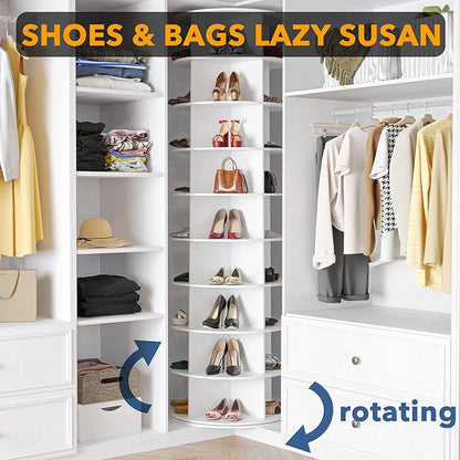 SpaceAid 9 Tier Rotating Shoe Rack Tower, Spinning Shoe Display Lazy Susan, Revolving 360 Shoe Rack Storage Round Carousel, Vertical Handbag Rotate Shoes Closet Organization (9-Tier White)