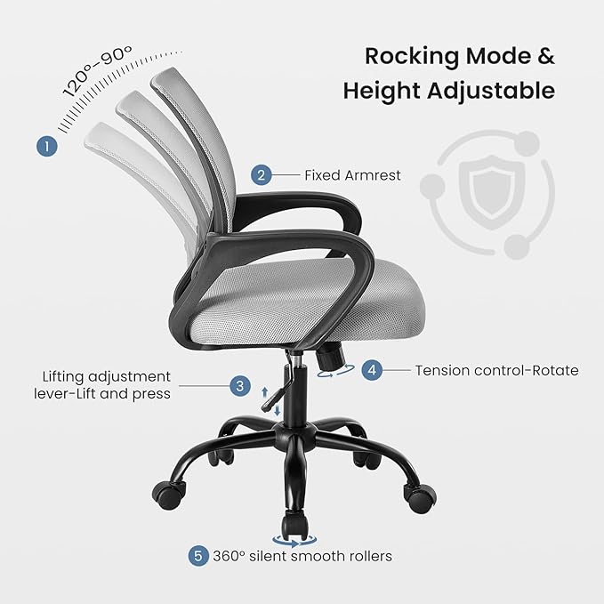 DUMOS Home Office Chair - Ergonomic Mid Back Mesh Desk Chair with Lumbar Support & Rocking Mode, Height Adjustable with Fixed Armrest, for Computer, Gaming, Meeting, Grey, 2 Pack
