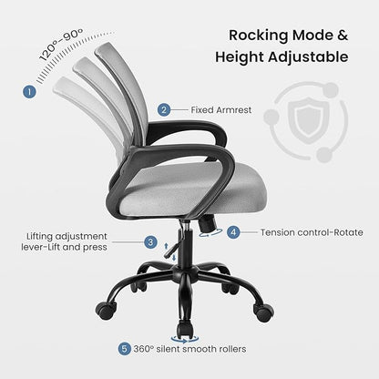 DUMOS Home Office Chair - Ergonomic Mid Back Mesh Desk Chair with Lumbar Support & Rocking Mode, Height Adjustable with Fixed Armrest, for Computer, Gaming, Meeting, Grey, 2 Pack